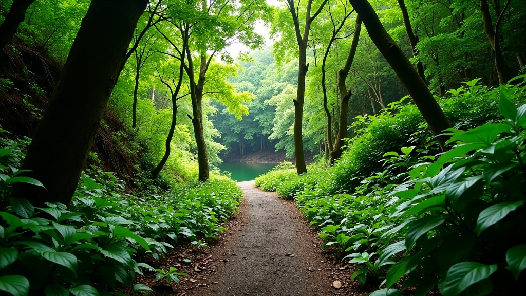 Sendero de acceso entre árboles que conduce hacia las pozas de agua