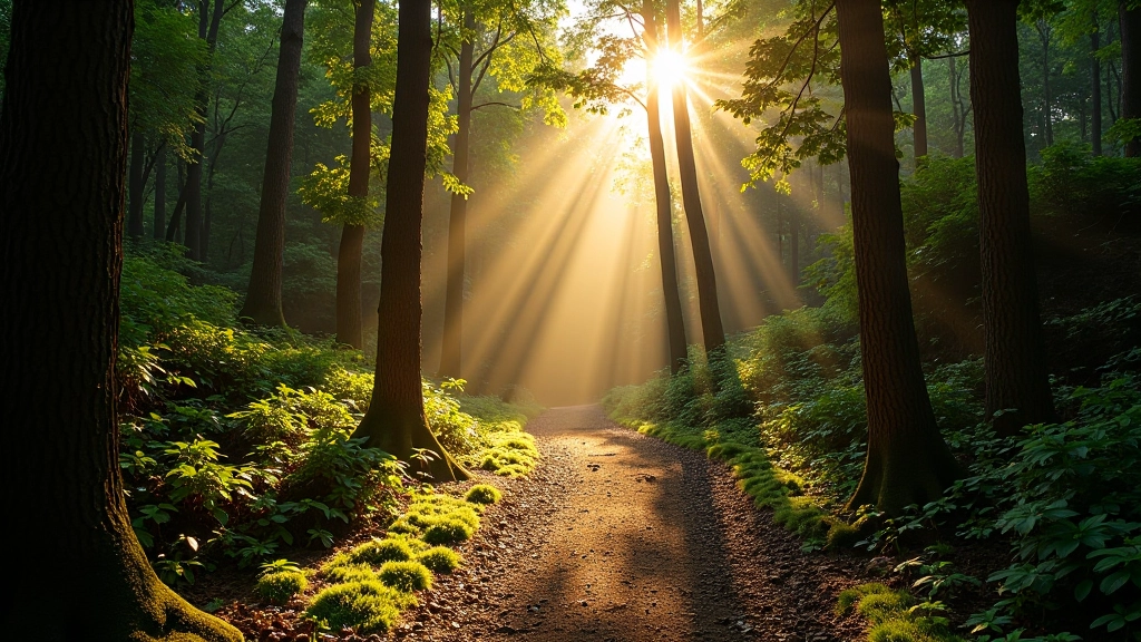 Sendero forestal con luz matutina, sombras alargadas, ambiente tranquilo y seguro para caminar