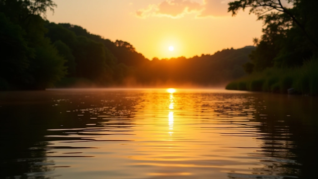 Puesta de sol reflejándose en las aguas tranquilas de las pozas del Tañama