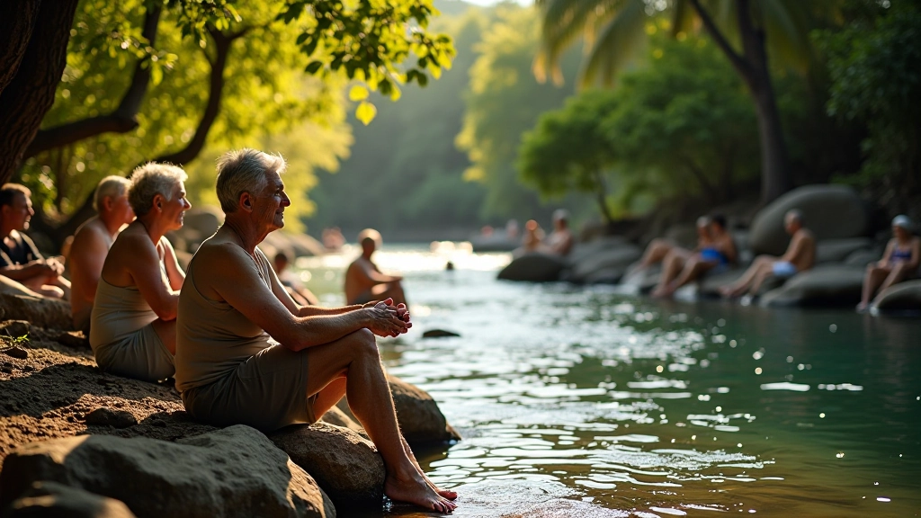 Grupo de adultos mayores relajándose junto a las pozas naturales