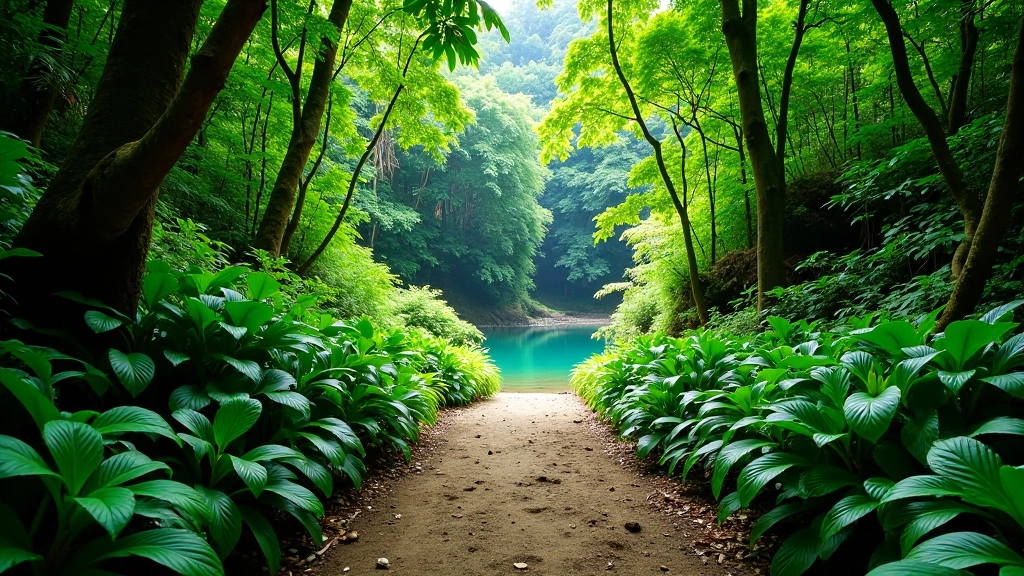 Sendero de naturaleza rodeado de vegetación tropical que lleva a una poza natural