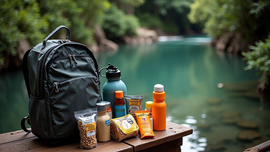 Mochila abierta con botellas de agua, snacks saludables, kit de primeros auxilios organizados