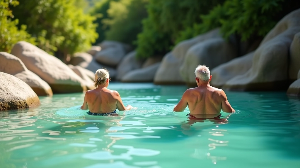 Personas refrescándose en una poza natural con agua cristalina bajo el sol