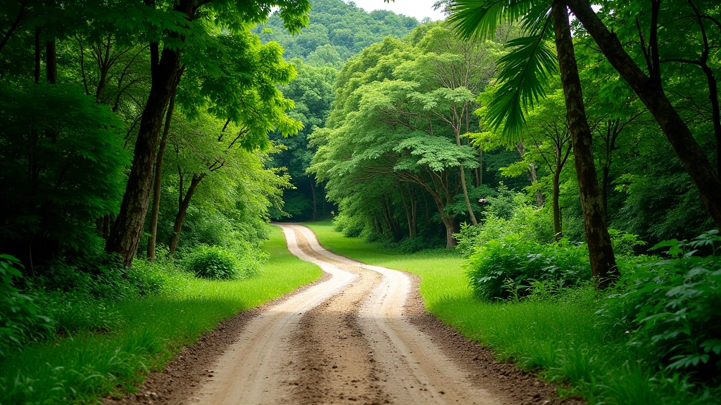 Camino de tierra que conduce hacia el área de las pozas, rodeado de vegetación tropical densa