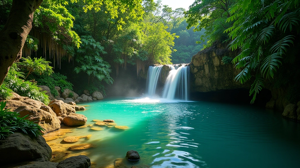 Cascada natural con poza cristalina rodeada de vegetación exuberante en Puerto Rico