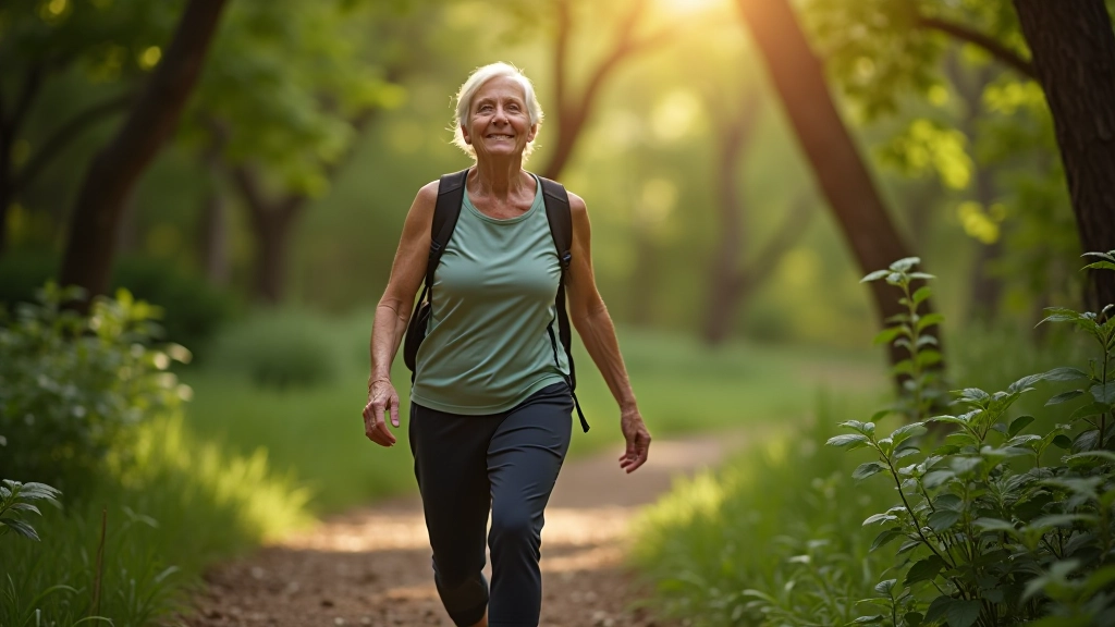 Persona mayor en ropa deportiva caminando en sendero natural con apoyo, áreas verdes alrededor