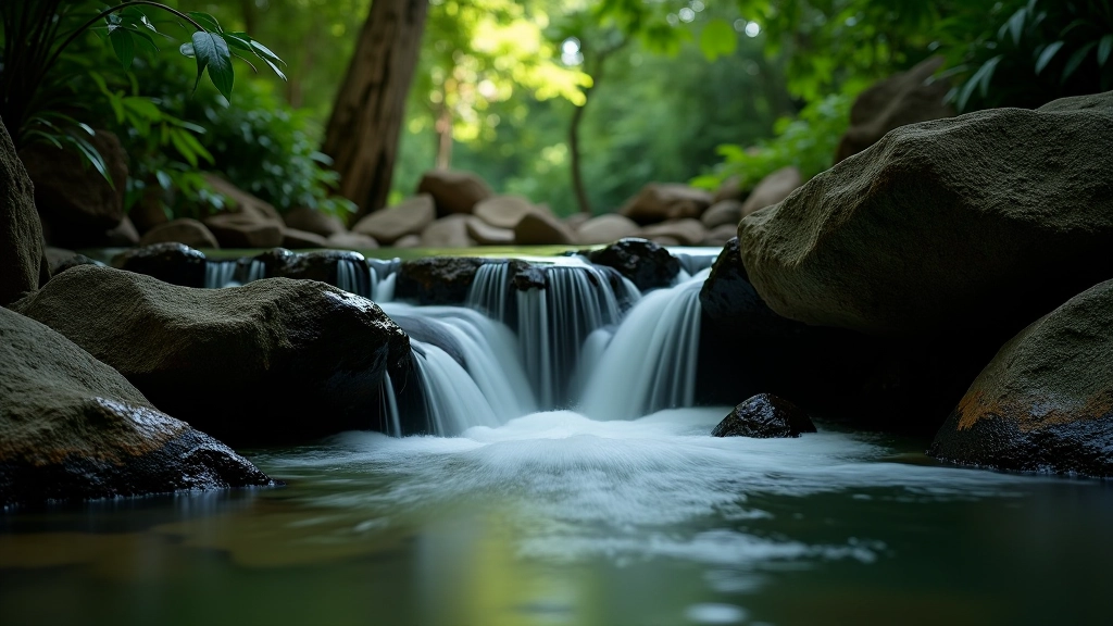 Cascada pequeña cayendo en una poza tranquila entre rocas de piedra