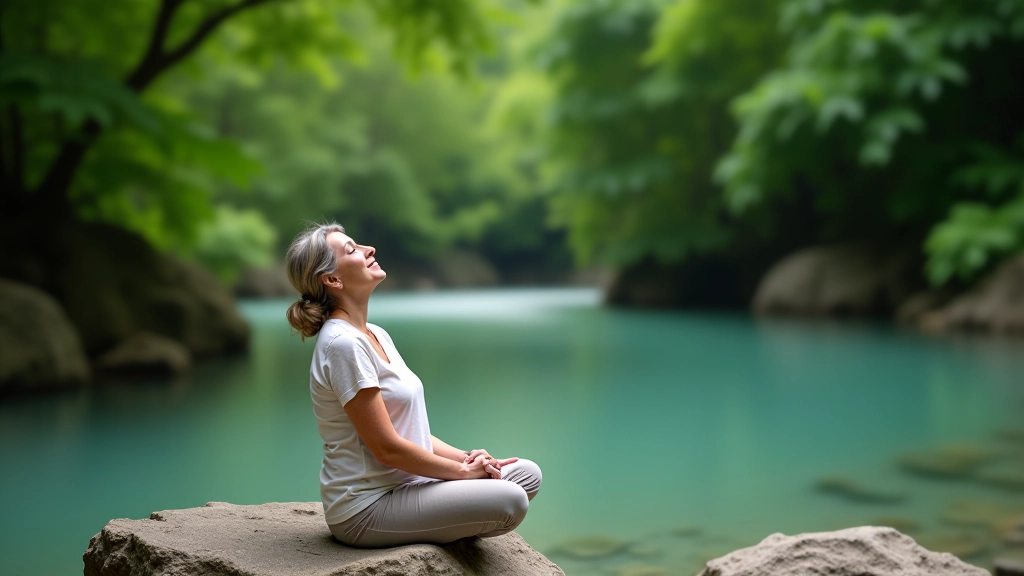 Persona meditando sentada en una roca junto a una poza tranquila rodeada de naturaleza exuberante